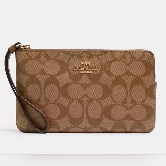 COACH Large Corner Zip Wristlet In Signature Canvas - Khaki Saddle 2 - Picture 2 of 6